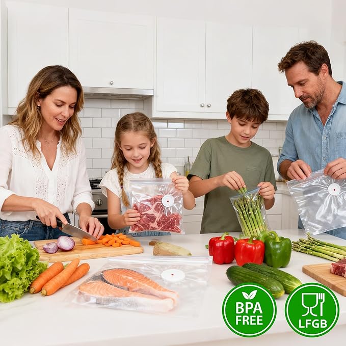 Reusable Vacuum Sealer Bags 25 Pack (8.7"x8.3") with 5 Clips, BPA-Free Vacuum Zipper Bags for Food Storage, Freezer & Sous Vide Cooking, Compatible with Food Saver Vacuum Sealers
