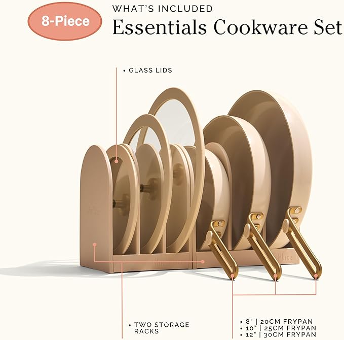 Our Place 8-Piece Essentials Complete Cookware Set - Ceramic Fry Pan Trio & Modular Rack Storage | Nontoxic Thermakind??Nonstick, Oven Safe up to 450째F & Compatible with All Cooktops | Cream
