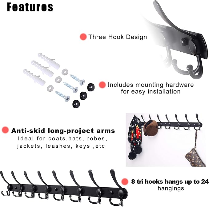 Dseap Coat Rack Wall Mount - 29.5??Long 8-Tri-Hooks Heavy Duty Coat Hanger Rail Wall Hooks for Hanging Coats Hats Clothing Clothes Purse Mudroom Entryway, Black