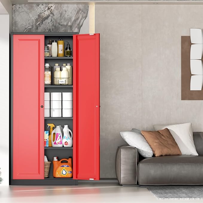 INTERGRAET Kitchen Pantry Cabinet, 63" Tall Metal Pantry Storage Cabinets with 2 Doors and 4 Shelves, Black Red Metal Storage Cabinet,Cupboard for Home,Kitchen,Living Room/Dining