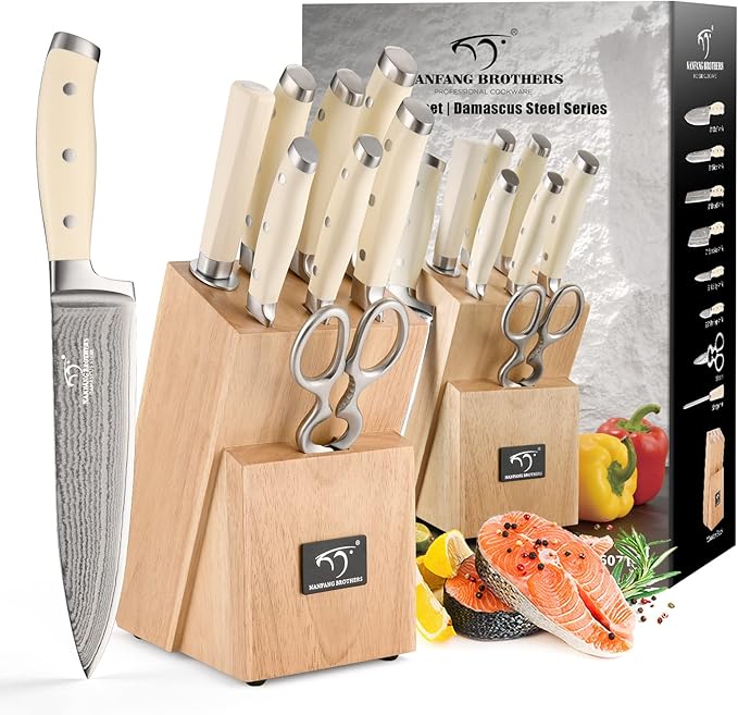Damascus Kitchen Knife Set, 9 Pieces With Block, White ABS Triple Rivet Ergonomic Handle for Chef Knives, Sharpener and Shears