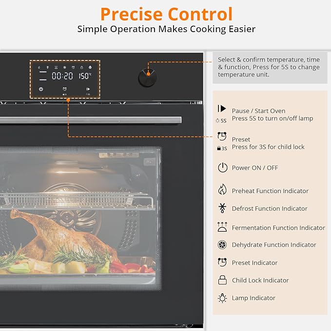 24 Inch Built-In Single Wall Oven, 2.5 Cu.Ft 3000W Electric Convection Oven with Touch & Mechanical Knob Controls, 8 Cooking Modes, ETL Certified, Modern Black Finish