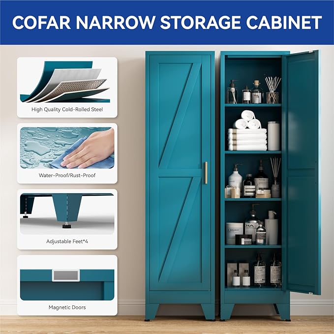 COFaR 67'' Tall Slim Bathroom Storage Cabinet, Metal Narrow Bathroom Cabinet with 4 Adjustable Shelves and One Door, Skinny Cabinet Storage for Kitchen Laundry, Peacock Blue Farmhouse 5 Tiers