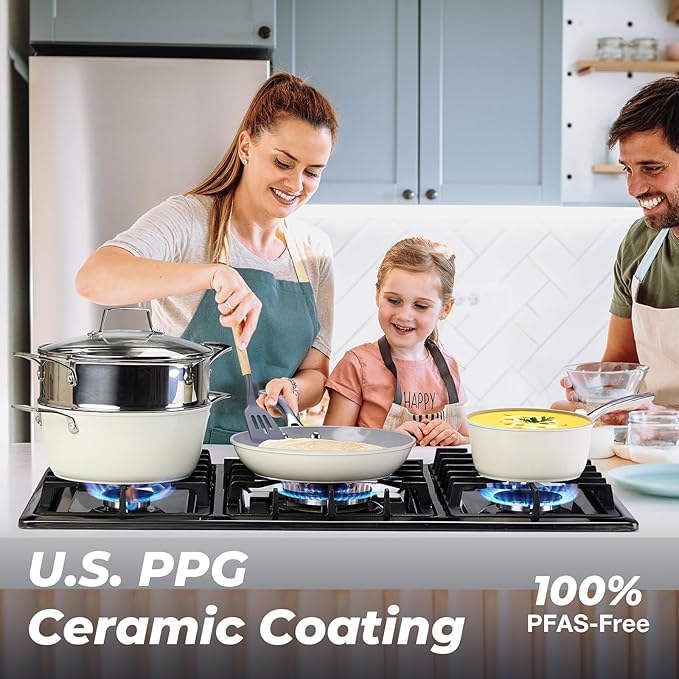 PekGema Ceramic Pots and Pans Set, 16 Pcs Cookware Set Nonstick, Non Toxic, Oven Safe, Induction Cookware, Cooking Set with Steamer, PPG Ceramic PFAS PTFE PFOA FREE, White