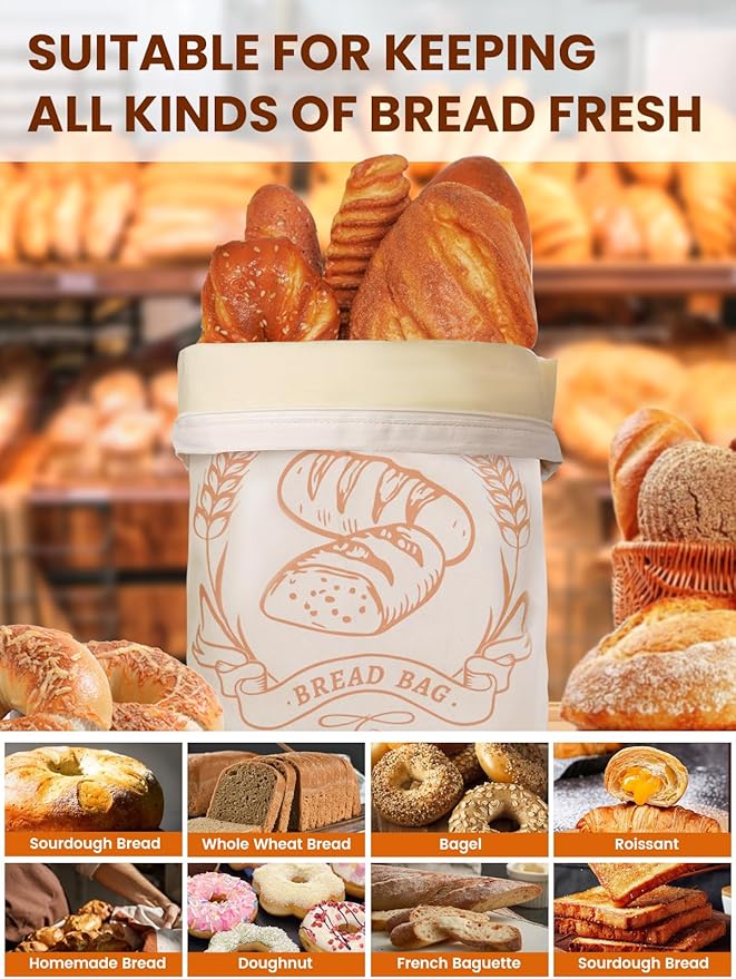 2 Pack Beeswax Bread Bags with Zipper, XL(13x17in) Sourdough Bread Storage for Homemade, Freezer Storage Bag to Keep Fresh, Cotton Beeswax Container, Baguette Bag with Liner, Kitchen Baking Supplies