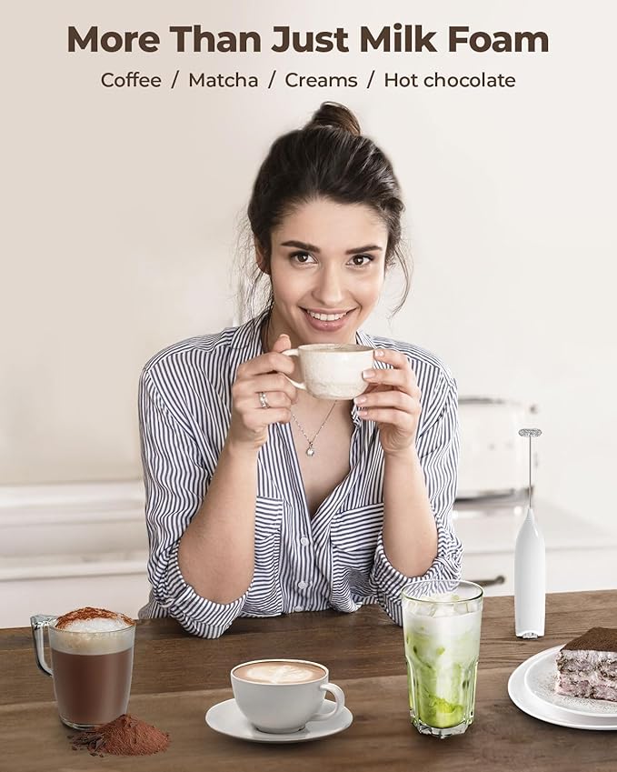 SIMPLETaste Milk Frother Handheld Battery Operated Electric Foam Maker, White Drink Mixer with Stainless Steel Whisk for Cappuccino, Bulletproof Coffee, Latte