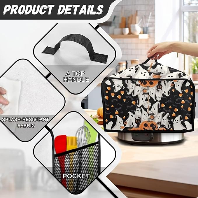 Ghost Wizard Slow Cooker Cover Oval Fit for Most 6 7 8 Quart Halloween Decor Crock Pot Cover Keep Appliance Clean, Slow Cooker Dust Cover with Mesh Pocket for Accessories
