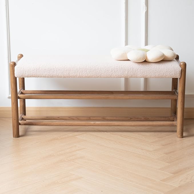 XINNAN Solid Wood Entryway Bench with Shoe Storage, Rustic Oak Wood and Sherpa Fabric 39.4 Inch Long Seating for Living and Dining Rooms, 3-Tier White