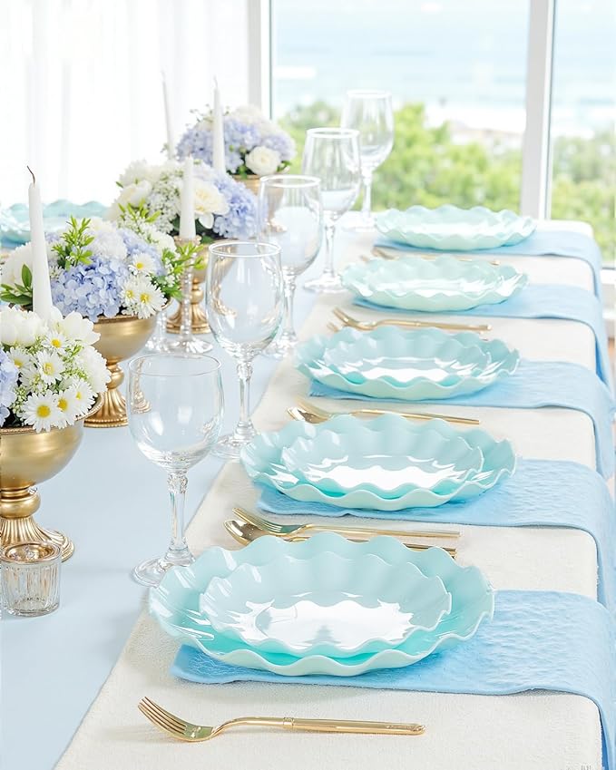 LIYH 20 Pcs 7.5 Inch Ice Blue Plastic Scalloped Plates Reusable - Unbreakable Dessert Plastic Cake Plates Dishwasher Safe Perfect for Party Birthday