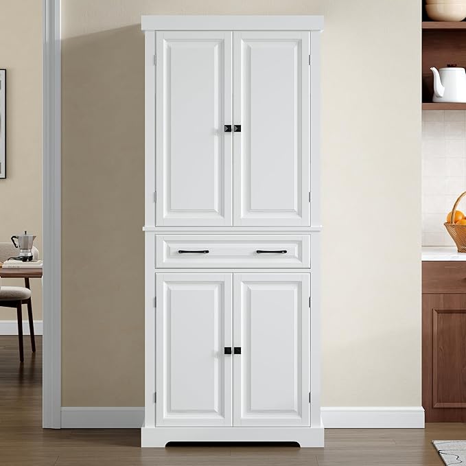 72" Tall Kitchen Pantry Cabinet, White Wooden Storage Cabinet with Drawer, Adjustable Shelves & Anti-Tip Device, Freestanding Bathroom Storage Cabinet, Pantry Cabinets for Kitchen Storage