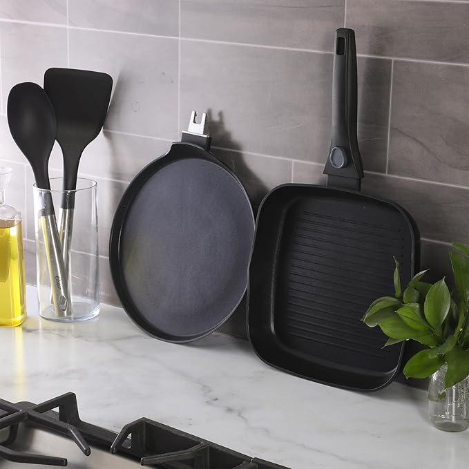 Oster SmartHandle 2-Piece Fry Pan & Pancake Pan Set ??Nonstick Cookware with Removable Handle, Oven & Dishwasher Safe, Space-Saving Design