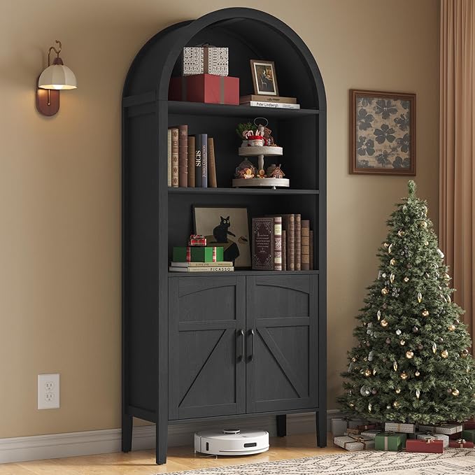 ONBRILL 71" Tall Arched Bookshelf, 5-Tier Arched Bookcase with Door & Storage Cabinet, Farmhouse Display Bookshelf Cabinet with Adjustable Shelf, Freestanding Wood Bookcase for Home Office, Study