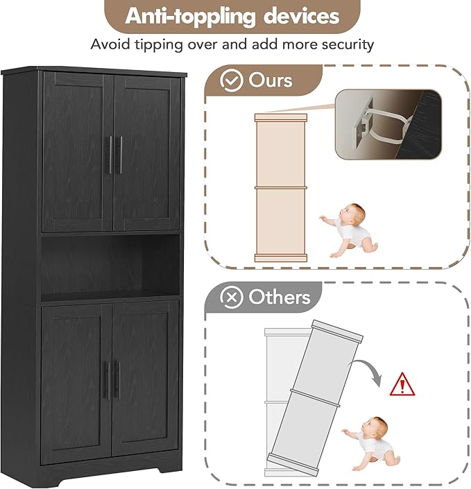 IDEALHOUSE Kitchen Pantry Cabinet, 70in Tall Storage Cabinet with Doors and Adjustable Shelves, Freestanding Cupboard for Living Room, Dining Room, Bathroom (Black)