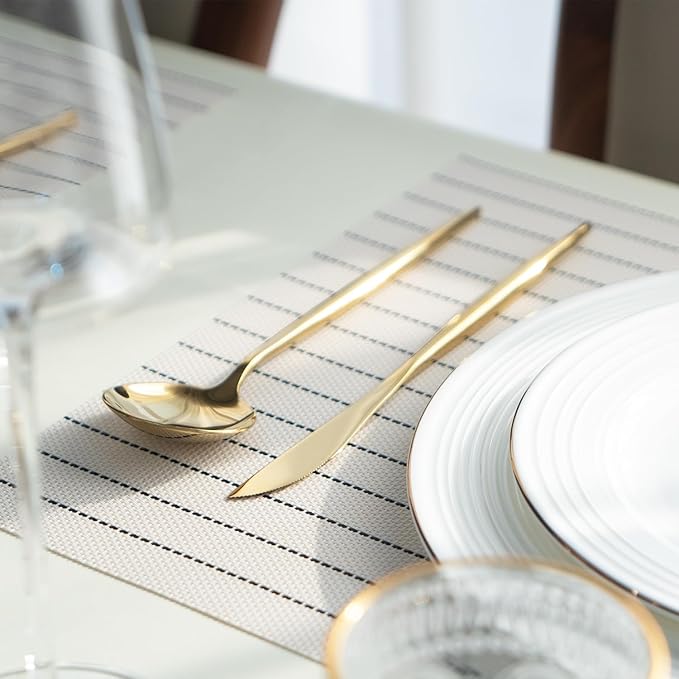 SUMYMERY Placemats Set of 6 Vinyl/Plastic Woven Place Mats for Kitchen Table Indoor/Outdoor Washable Placemat Wipeable Dining Table Mats (White Stripes,6)