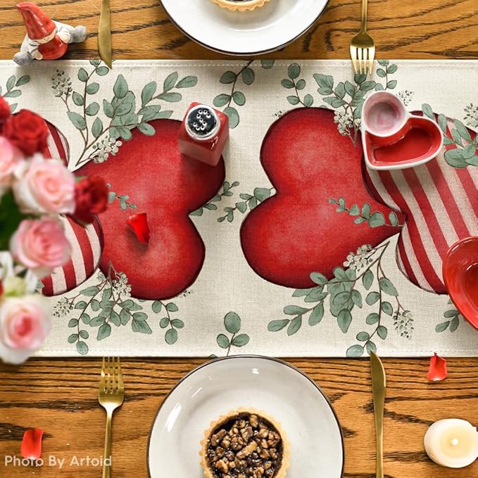 Artoid Mode Eucalyptus Hearts Valentine's Day Table Runner, Anniversary Holiday Kitchen Dining Table Decoration for Home Party Decor 13x60 Inch