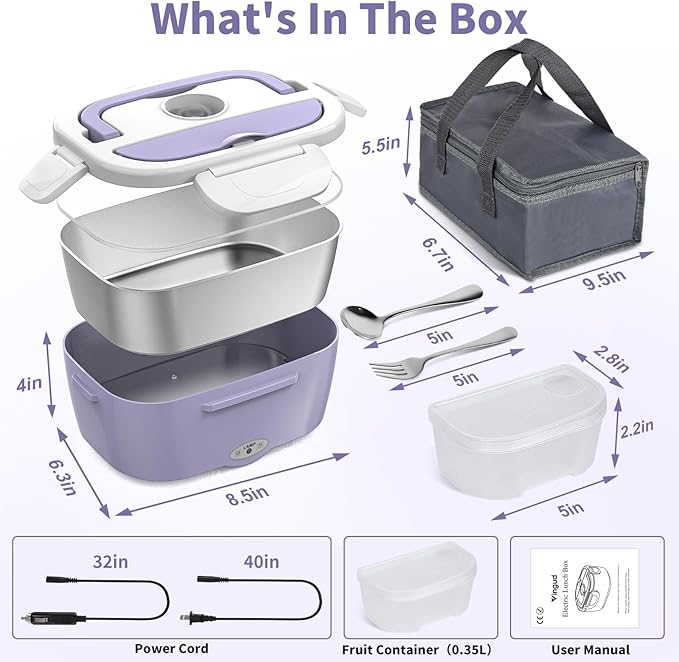Vingud Electric Lunch Box for Adults, Heated Lunch Box Food Warmer, 80W Portable Heating Lunchbox for Women/Work/Car/Truck, 12/24/110V Lonchera El챕ctrica Port찼til Christmas White Elephant Gifts,Violet