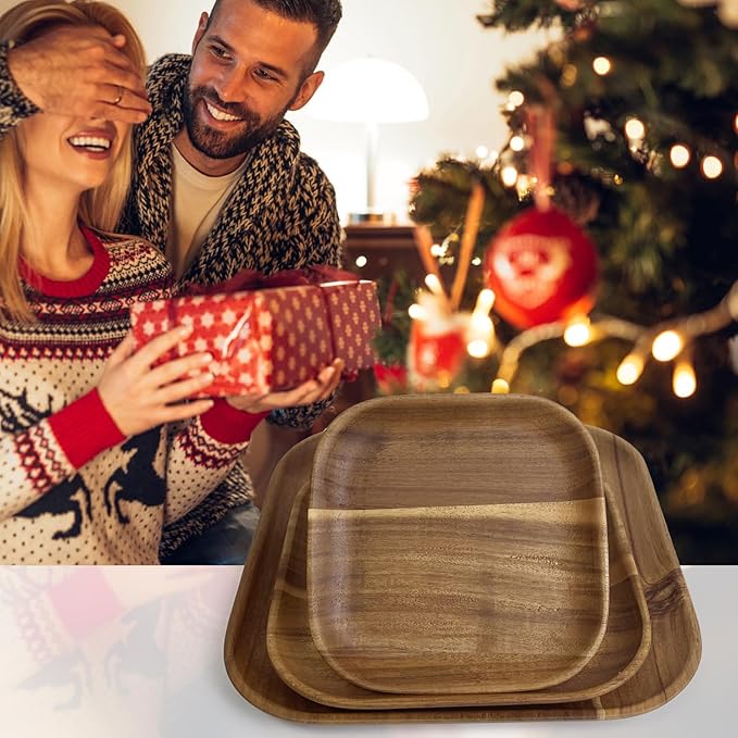 Acacia Wooden Plates Set of 3, 6/8/10 Inch Square Serving Platters for Charcuterie, Appetizers, Acacia Wood Plates, Stackable Dinnerware Trays for Kitchen, Party & Entertaining (Square Tray)