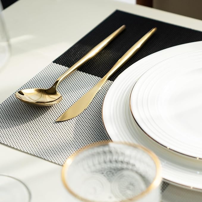 SUMYMERY Placemats Set of 6 Vinyl/Plastic Woven Place Mats for Kitchen Table Indoor/Outdoor Washable Placemat Wipeable Dining Table Mats (Grey Grid,6)