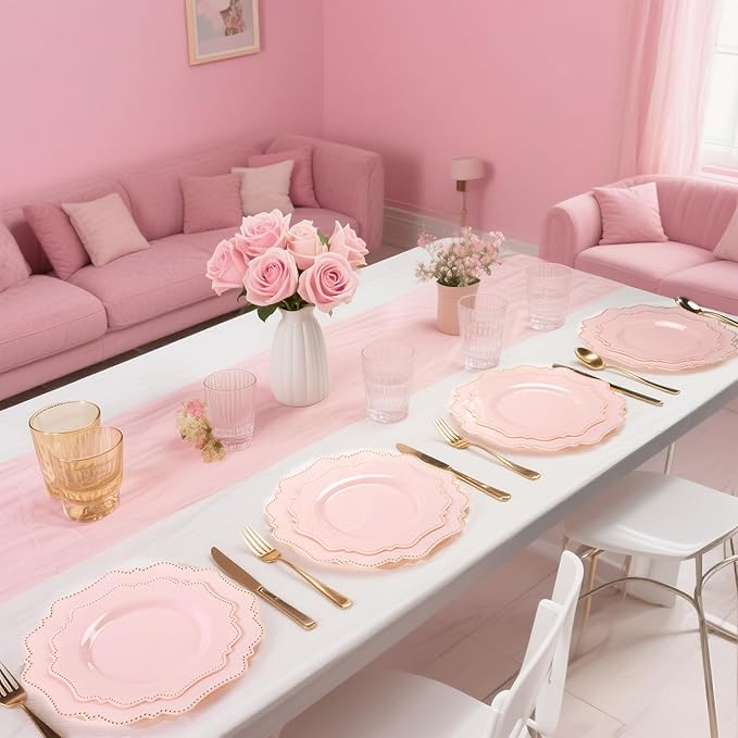 COLOSUS 60pcs Disposable Plastic Plates Set, Gold Pink Party Plates, 30pcs Dinner Plates and 30pcs Salad/Dessert Plates for Wedding, Party, Anniversary, Daily Use