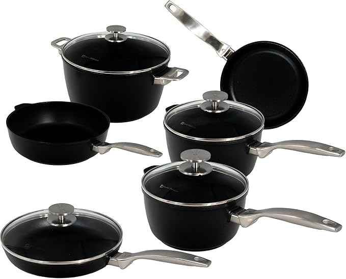Swiss Diamond Pots and Pans Set Non Stick, Nonstick Hybrid Ceramic and Diamond-Infused, Glass Lids, PFAS- and PFOA-free Gourmet Cookware Set, Dishwasher & Oven Safe Up To 500 째F, 10 Pieces