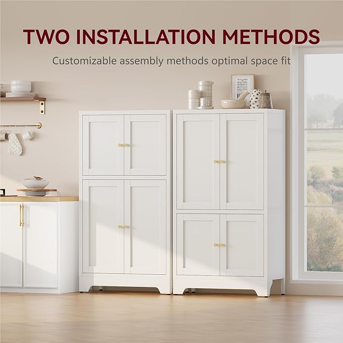 43" H Metal White Pantry Cabinets with Doors,Small Kitchen Pantry Cabinet,Small Storage Cabinets,Food Pantry Cabinet with 4 Doors and Shelves for Kitchen and Dining Room
