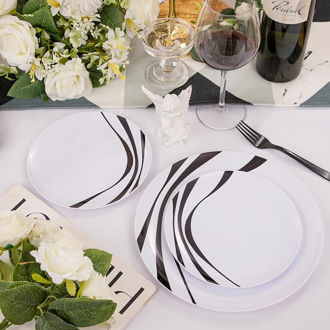 EI 60pcs Black and White Plastic Plates for Party,Black Rim Disposable Plates,Fancy Plastic Dinner Plate,Disposable Dessert Plate for Famiily Event,Wedding,Afternoon Tea,Business Events,Hotel