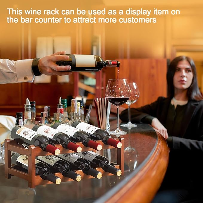 Wine Rack Countertop, 8 Bottle Wine Racks for Wine Bottles Storage Display, 2 Tier Wooden Wine Rack Free Standing Floor