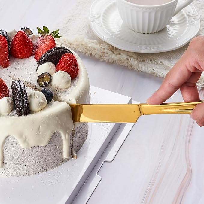 GoGeiLi Gold Cake Knife and Server Set, 13-inch Stainless Steel Cake Cutting Set, Elegant Cake Cutter Set for Wedding, Birthday, Parties, Anniversary