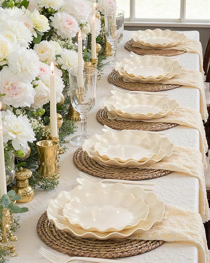 LIYH 20 Pcs Beige Plastic Plates Reusable 7.5 Inch - Unbreakable Plastic Dessert Plates - Scalloped Cake Plate for Weddings Camping Party Outdoor Picnics Dishwasher Safe BPA Free