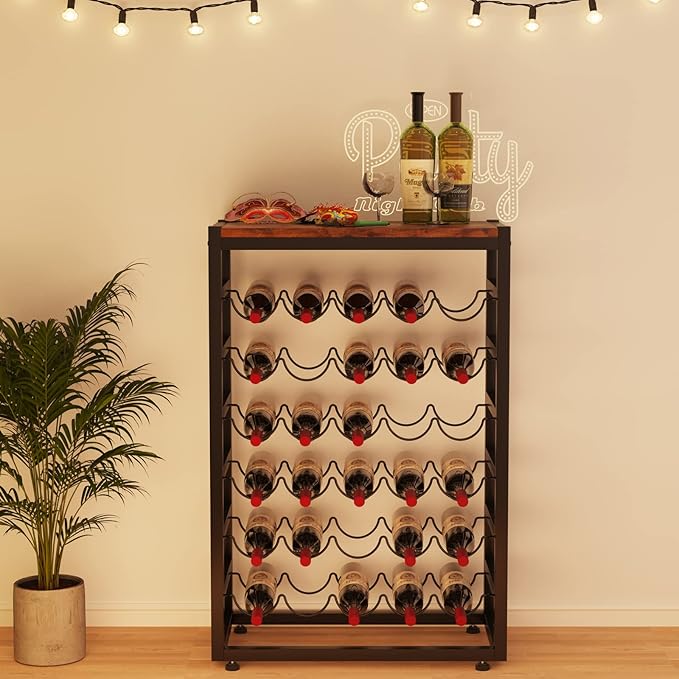 Dripex 30 Bottles Wine Rack Free Standing Floor, 6-Tier Display Wine Storage Shelves with Wooden Table Top, Sturdy Metal Bottle Holder for Kitchen Bar Pantry 23.2''L x 11.8''W x 34.7''H