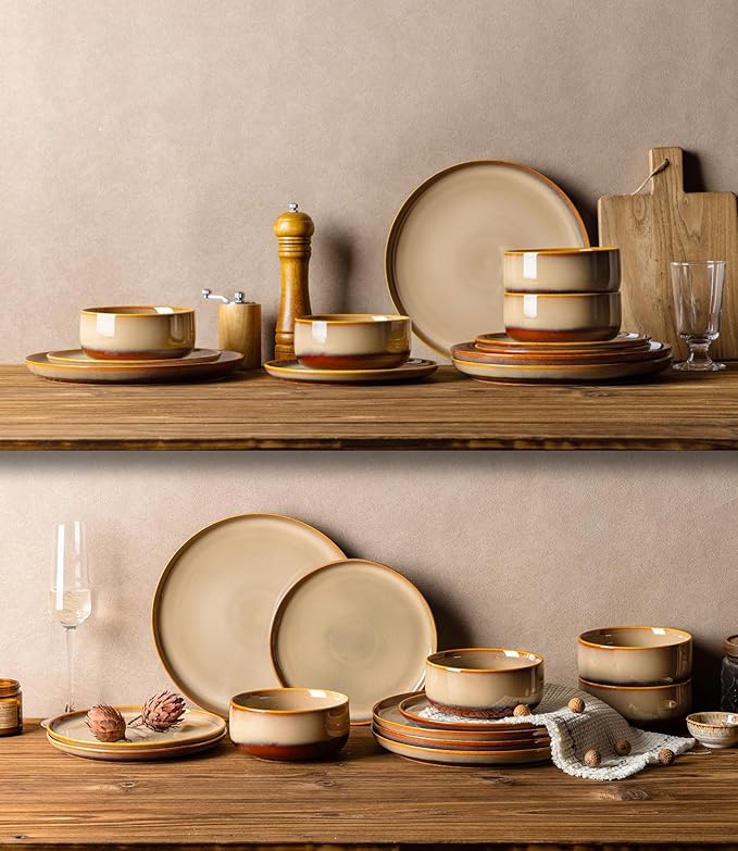 TheTerra Ceramic Dinnerware Sets for 6, 18 Pieces Handmade Reactive Glaze Plates and Bowls Set, Scratch Resistant Dish Set, Oven & Microwave & Dishwasher Safe, Creamy Amber