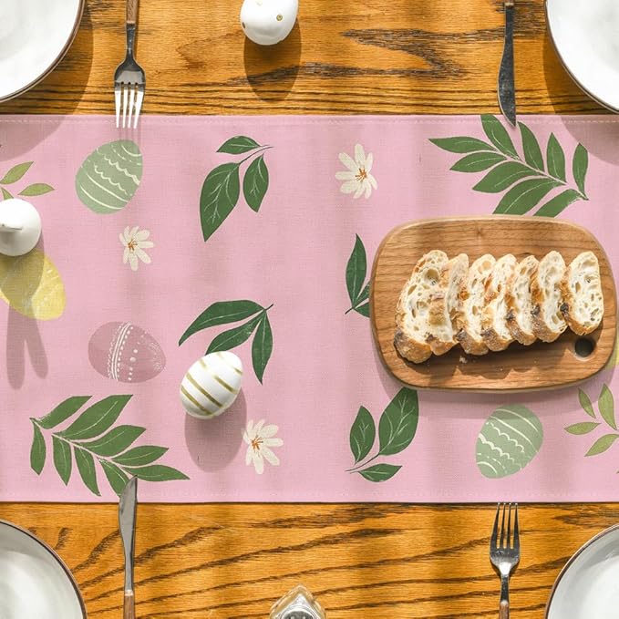 Artoid Mode Pink Bunny Eggs Leaves Flowers 210 GSM Easter Table Runner, Seasonal Spring Kitchen Dining Table Decoration for Home Party Decor 13x36 Inch