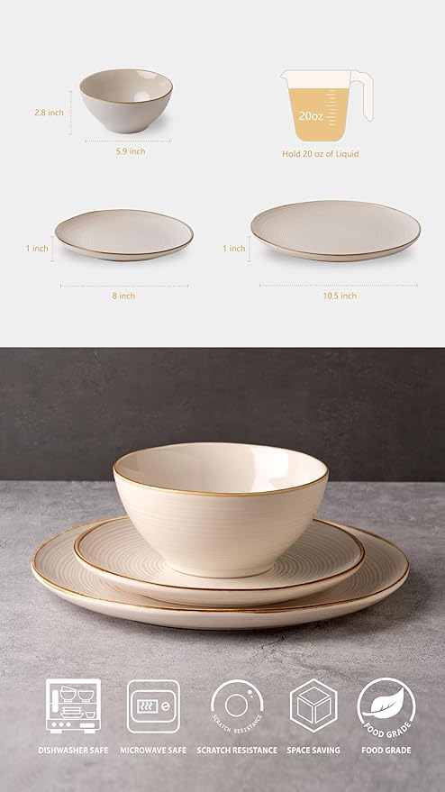 famiware Tempus Plates and Bowls Sets for 6, 18 Pieces Stoneware Dinnerware Sets, Dishes Set, Reactive Glaze Dishware Sets, Dishwasher & Microwave Safe - Antique White