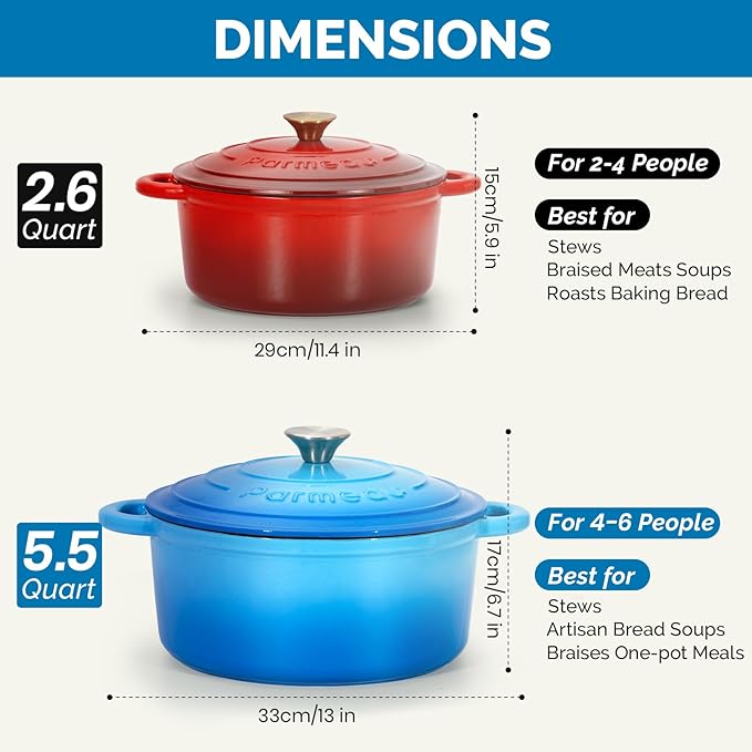 Parmedu 5.5 Quart Enameled Cast Iron Dutch Oven Pot with Lid, Heavy-Duty, Oven Safe up to 500째 F & Across All Cooktops, Perfect for Bread Baking, Stews, Braising & Roasting, Ocean Blue