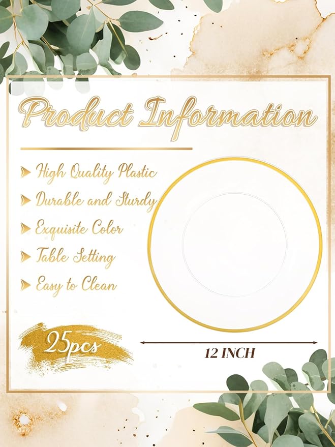 WDF 25Pack Gold Charger Plates - 12inch Clear Chargers with Gold Trim - Clear Plates Disposable for Dinner Wedding Birthday Valentine's Day