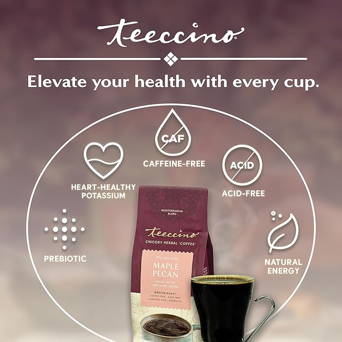 Teeccino Maple Pecan Chicory Coffee Alternative - Ground Herbal Coffee That?™s Prebiotic, Caffeine Free & Acid Free, Medium Roast, 11 Ounce