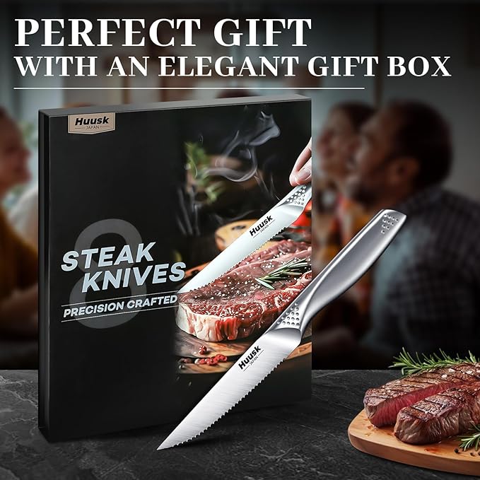 Huusk Serrated Steak Knives Set, 4.5" Japanese Stainless Steel Steak Knives Set of 8, Sharp Dishwasher Safe Dinner Knife for Kitchen Table with Gift Box, Christmas Gifts for Men Women