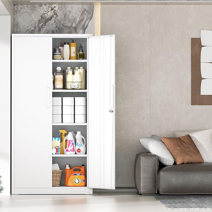 INTERGRAET 63" Tall Pantry Cabinet,Kitchen Pantry Storage Cabinets with 2 Doors and 4 Shelves,White Metal Storage Cabinet,Cupboard for Home,Kitchen,Living Room/Dining