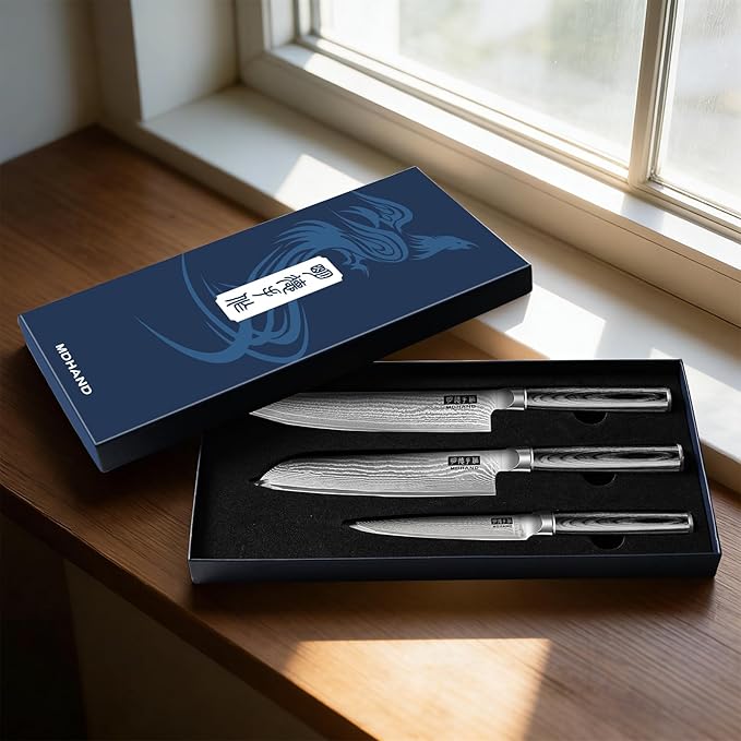 MDHAND Damascus Kitchen Knife Set 3-Piece, Ultra Sharp Professional 67 Layers 10Cr15CoMoV Super Steel Japanese Chef Knife Set with Pakkawood Handle, Including Chef, Santoku & Paring Knife, Elegant Box