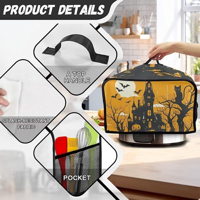 Halloween Haunted House Slow Cooker Cover Slow Cooker Dust Cover Small Appliance Covers for Kitchen Slow Cooker Dust Cover with Pocket for Accessories