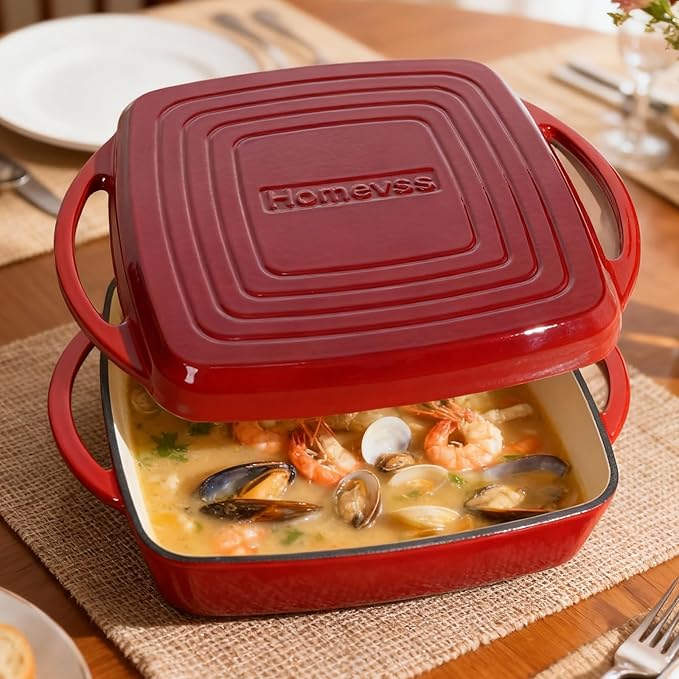 2-in-1 Square Enameled Cast Iron Dutch Oven 7QT Baking Pan and Gridle Lid with Dual Handles, Cast Iron Skillet lid, Coating Gridle for Baking, Braising and Grilling - Red