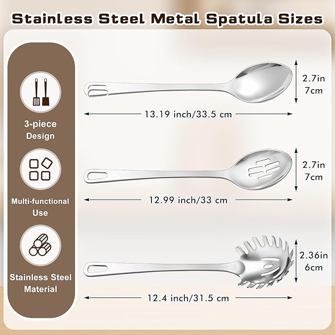 3 Pcs Stainless Steel Cooking Utensils Set, Heat Resistant Kitchen Utensils, Metal Kitchen Tools Include Solid & Slotted Spoon, Pasta Server, Ergonomic Handle, Dishwasher Safe, Easy to Clean, Silver