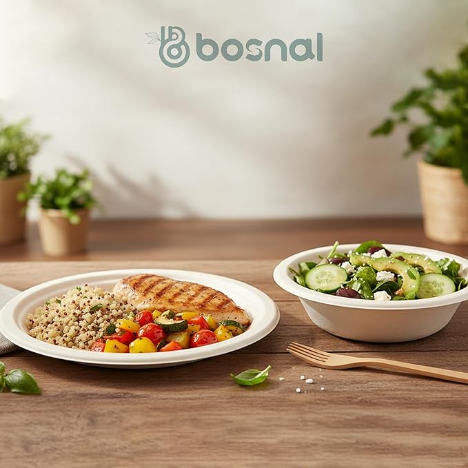 BOSNAL 10 Inch Round Plates with 16 oz Bowls & Cutlery ??25 Plates, 25 Bowls, 25 Spoons, 25 Knives & 50 Forks, 100% Plant-Based Sugarcane Bagasse, Eco-Friendly, Compostable, Microwave Safe & Durable