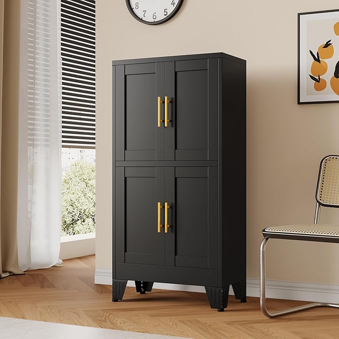 Metal Bathroom Storage Cabinet,Freestanding Bathroom Cabinet with 4 Doors and Adjustable Shelves,Bathroom Storage Organizer Unit,Floor Cupboard for Laundry Room,Kitchen, Living Room, Entryway(Black)