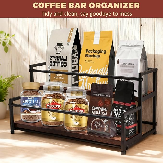 Coffee Syrup Rack Organizer - Metal Bottle Holder for 10 Bottles ??Rustic Countertop Display Shelf for Coffee Bar, Kitchen Cabinet, Pantry Storage for Syrups, Liquor, Spice, Tea & Wine (2-Tier)