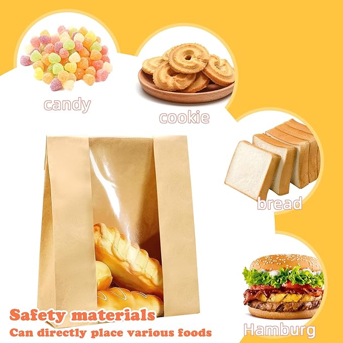 Larger 50 Pack Kraft Sourdough Bread Bags,50% Thicker Bread Bags for Homemade Bread,Pper Bakery Bags with Clear Window, Baked Food Packaging Storage,Bread Bags with Sealing Stickers(13.7x8.2x3.7 inch)