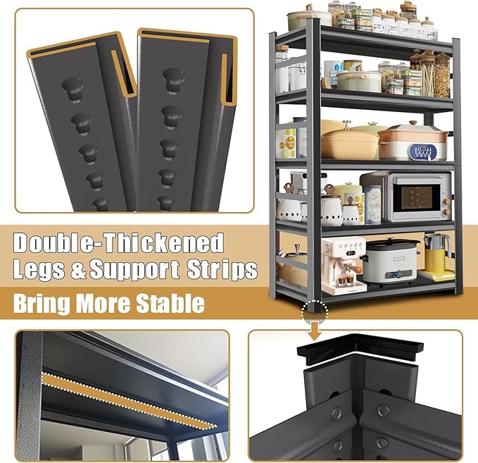 Kitchen shelfFive-layer Thickened Storage Rack??7.95횞35.43횞15.75 inch Load capacity 500lbs per layer Can be freely assembled Anti-corrosive design Commercial storage racks for kitchen, garage. Garden.