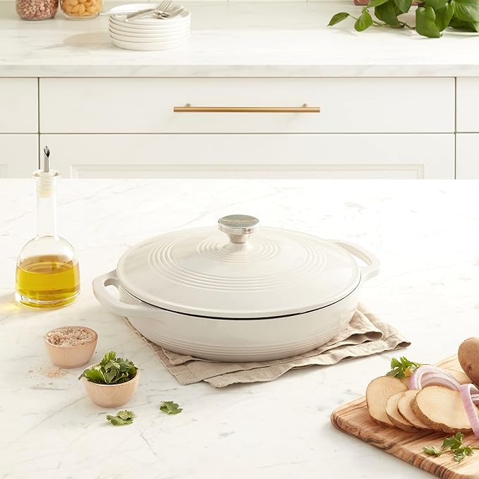 Lodge 3.6 Quart Enameled Cast Iron Oval Casserole With Lid??Dual Handles ??Oven Safe up to 500째 F or on Stovetop - Use to Marinate, Cook, Bake, Refrigerate and Serve ??Oyster White