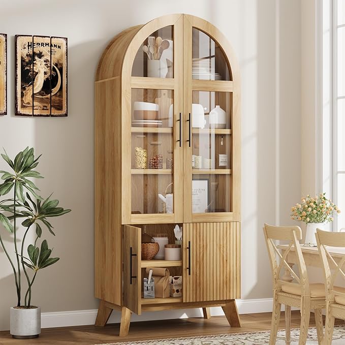 QUW 71" Modern Fluted Display Cabinet, Fluted Arched Pantry Cabinet, Tall Kitchen Storage Pantry with Adjustable Shelf, Storage Cabinet for Living Room, Dining Room, Natural Oak