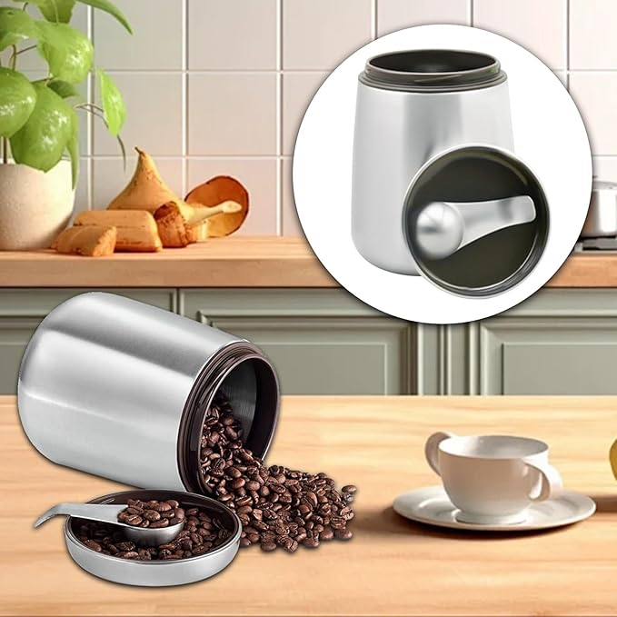 MEKBOK Coffee Canister,Airtight Stainless Steel Kitchen Food Storage Container with Date Tracker and Scoop for Grounds Coffee,Airtight Coffee Beans, Flour,Cereal,(18 OZ